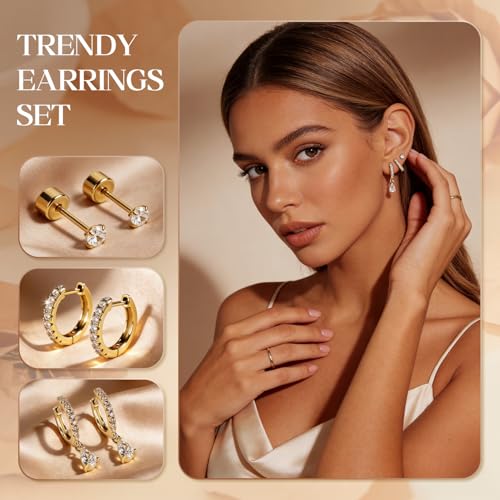 14K Gold Hoop Dangle Stud Earrings Surgical Steel Helix Piercing | Hypoallergenic,Cubic Zirconia,3 Pairs Huggie Hoop Set for Women,Dangle Stud,Cartilage Tragus Conch Earring,Jewelry Gift - color: A6-Gold Teardrop CZ
