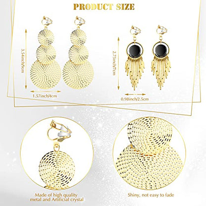 Hicarer 12 Pairs Clip on Earrings Dangle Drop Dangle Earrings Set Bohemian Tassel Pendant Plated Ear Non Piercing for Women Jewelry Gifts Wedding Party - color: Golden