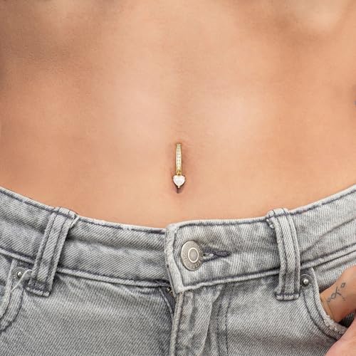 Clicker Belly Button Rings for Women Dangle Belly Rings Cute CZ Opal Reverse Navel Rings Body Piercing Jewelry for Women 14G Silver Gold Tone - style: Heart,GD