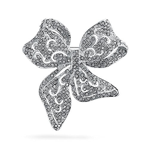 Bling Jewelry Victorian Vintage Style Winter Wedding Holiday Royal Blue White Glittering Crystal Pave Bridal Fashion Large Statement Filigree Ribbon Bow Scarf Brooch Pin For Women Silver Rose Plated - color: Clear