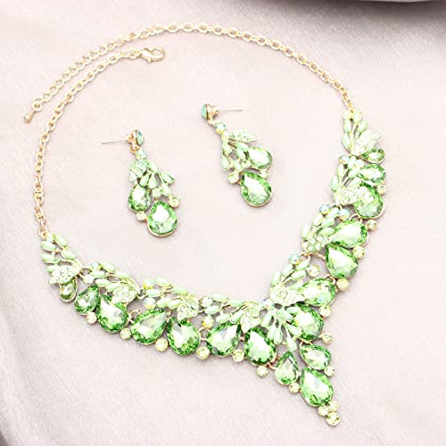 Jewelry Set for Women, Statement Necklace Dangle Earrings Bracelet Ring, White/KC Gold Plated Jewelry Set with Rhinestone Pearl Crystal Wedding Party Jewelry for Bridal Bridesmaid - color: Green-Gold Plated
