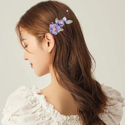 Wedding Hair Clips, Crystal Hair Pins Pearl Rhinestone Hair Barrettes, Bridal Flower Hair Pieces Pearl Headpieces Hair Accessories for Women Girls (Purple&Green) - color: Purple&Green