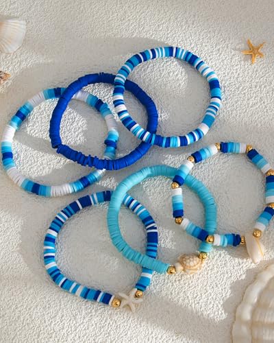 Shell Bracelets for Women Layered Seashell Starfish Bracelets Stackable Stretch Boho Beaded Bracelet Summer Beach Surfer Bracelet Seaside Beach Dress Outfits Accessories - color: B3:blue shell bracelets