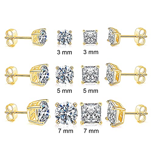 18K Gold Plated Round Princess Cut Clear Cubic Zirconia Stud Earring of 6 Pairs - color: B-gold plated