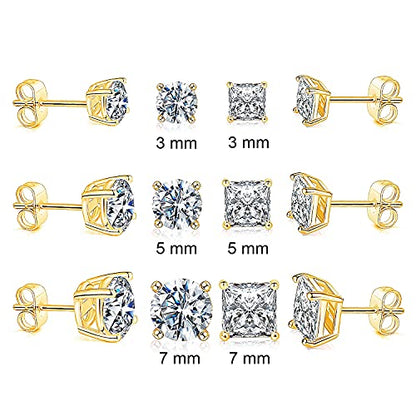 18K Gold Plated Round Princess Cut Clear Cubic Zirconia Stud Earring of 6 Pairs - color: B-gold plated