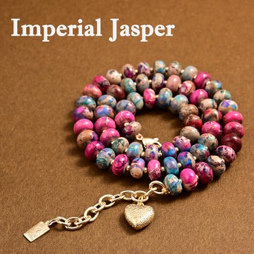 Boho Gemstone Beaded Necklace for Women – Colorful Natural Stone Choker 18K Solid Heart-Shaped Pendant, Summer Beach Jewelry - color: Imperial Jasper