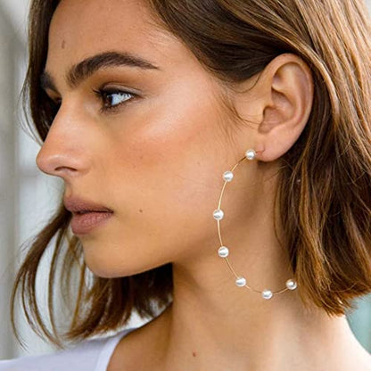 Jumbo Huge Hoops Large Pearls Thin Gold Silver Dangle Lightweight Fashion Chic Jewelry Gift for Women - size: 90mm silver