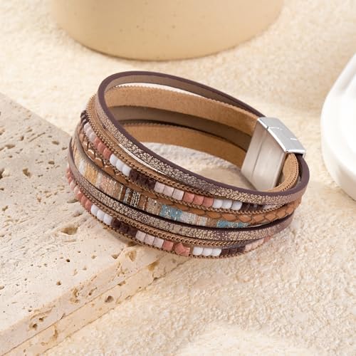 Wrapped Bracelets for Women,Leather Boho Bracelets for Women - color: Boho-Khaki