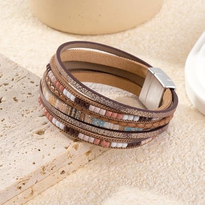 Wrapped Bracelets for Women,Leather Boho Bracelets for Women - color: Boho-Khaki