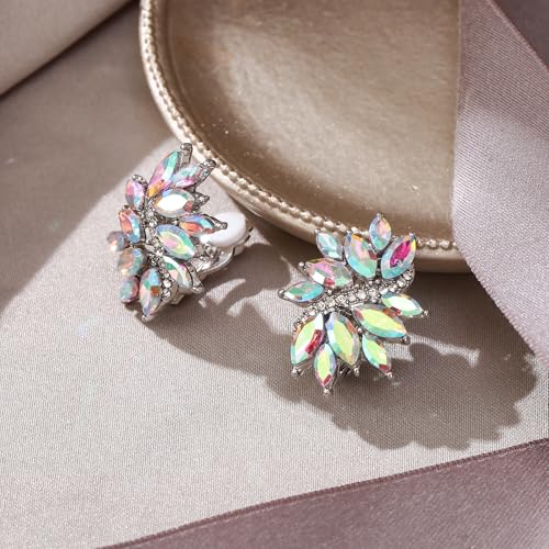 EVER FAITH Sparkly Rhinestone Clip-on Earrings for Women Bride, Fashion Marquise Crystal Cluster Wedding Bridal Stud Earring for Prom Formal Party - color: Iridescent AB Silver-Tone