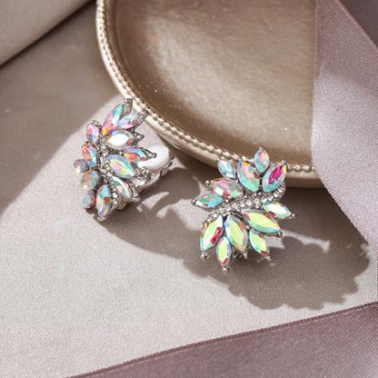 EVER FAITH Sparkly Rhinestone Clip-on Earrings for Women Bride, Fashion Marquise Crystal Cluster Wedding Bridal Stud Earring for Prom Formal Party - color: Iridescent AB Silver-Tone