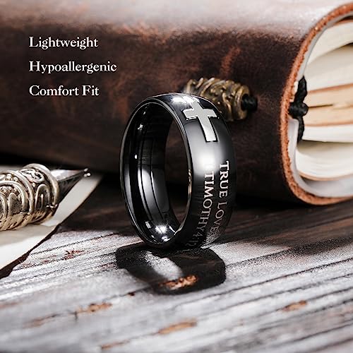 King Will Stainless Steel Men Ring Lord's Prayer Cross Ring Stainless Steel Men Wedding Ring, Wedding Band Bible Engraved Rings High Polished, Comfort Fit | 8mm, Gold/Silver/Black Wedding Band, Bible Engraved Rings, High Polished, Comfort Fit, Size 7-14 -
