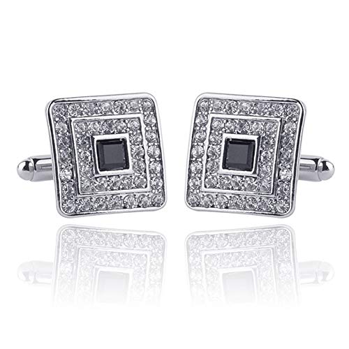 Black and Silver Gold Concentric Diamond Clear Crystal Dust Cufflinks, AILUOR Tuxedo Shirt Cufflinks French Style Shirt Studs - color: Silver