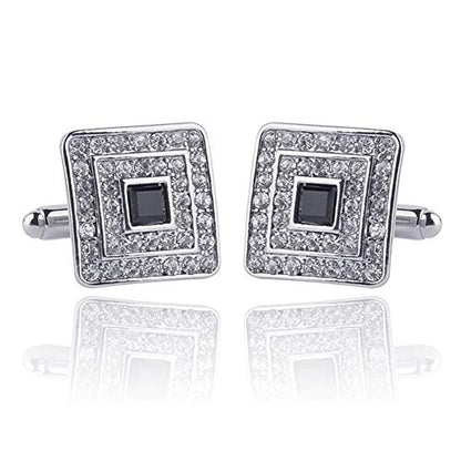 Black and Silver Gold Concentric Diamond Clear Crystal Dust Cufflinks, AILUOR Tuxedo Shirt Cufflinks French Style Shirt Studs - color: Silver