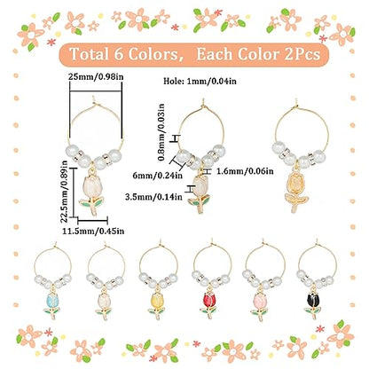 SUNNYCLUE 12 Sets Wine Glass Charms Drink Identifiers Enamel Spring Floral Tulip Flower Charms Imitation Pearl Beading Hoops Wine Glass Identication Rings for Party Favor - style: 12 Sets Golden Tone Tulip Flowers Drink Identifiers & Upgraded Gift Box