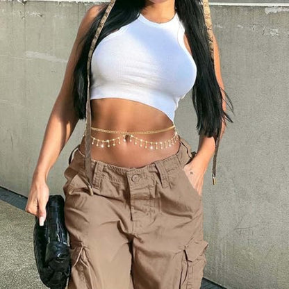 Florry Rhinestone Belly Chain Sequin Waist Chain Bikini Body Jewelry Chains Beach Belly Chain for the Waist Tassel Layered 18K Gold Body Chains for Women - color: Crystal