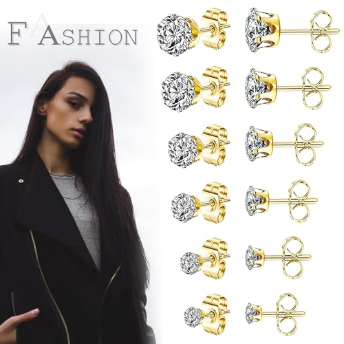 Ringcal Stainless Steel Stud Earrings Set Hypoallergenic Cubic Zirconia 14K White Gold CZ Earrings for Women - color: Gold-6Pairs-3 4 5 6 7 8mm