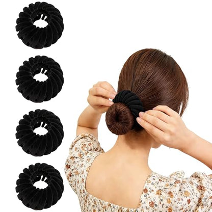 4Pcs Black Birds Nest Hair Clip Set for Women, Velvet Bird Nest Hair Clip Expandable Ponytail Holder, Lazy Bun Maker Hair Clips, Non Slip Bird Nest Plate Hairpins for Thick Thin Hair - color: 4 Black