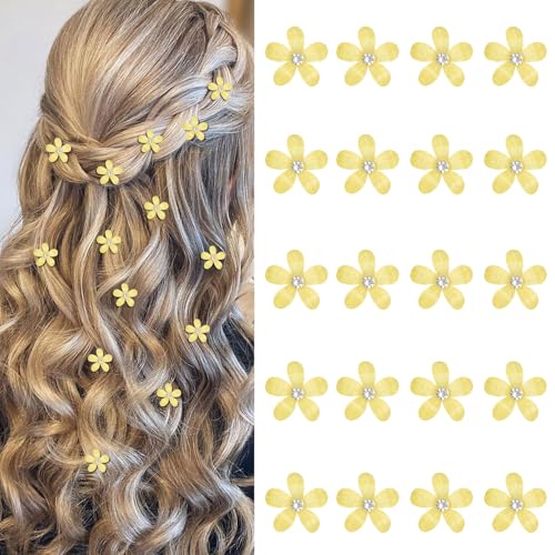 YISSION Bright Yellow Mini Flower Hair Clips for Women & Girls, 20Pcs Glitter Floral Hair Barrettes with Crystal, Vibrant Hair Accessories for Wedding Prom Party Daily Hairstyling - color: Bright Yellow