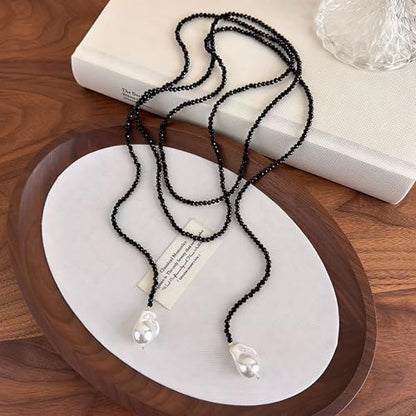 Chunky Puffy Heart Layered Gold Choker & Green Beaded Lariat Necklace with Baroque Pearl Drops, Adjustable Wrap Y Style Bohemian Jewelry Fashion Accessory for Women Gifts - color: black