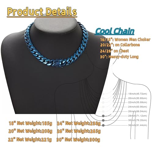ROWIN&CO Men's Miami Cuban Link Chain 8/12/15mm Stainless Steel Blue Plated Chain Necklace, Hypoallergenic Hip Hop Jewelry, 20-30 Inch, Gift Box