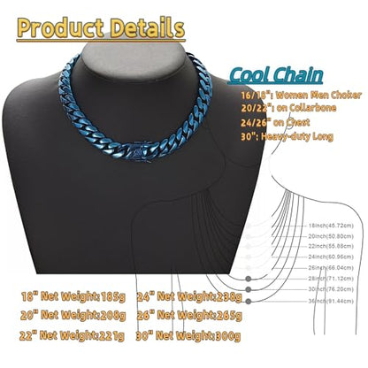 ROWIN&CO Men's Miami Cuban Link Chain 8/12/15mm Stainless Steel Blue Plated Chain Necklace, Hypoallergenic Hip Hop Jewelry, 20-30 Inch, Gift Box
