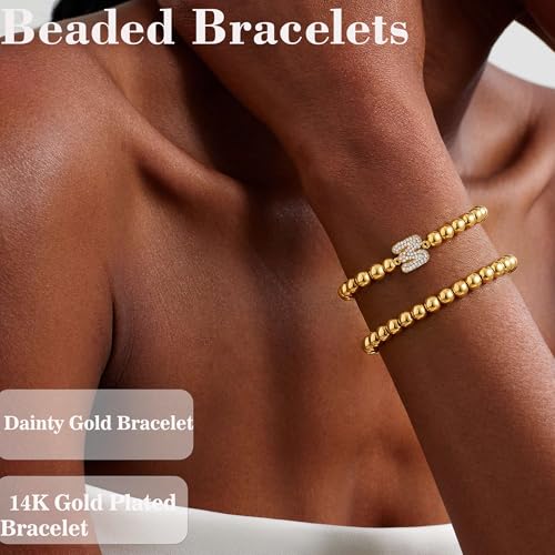 Initial Stack Bracelet Set for Women Trendy 14K Gold Plated Beaded Stackable Stacking Stretch Name Bracelets Dainty Friendship Waterproof Charm Cute Birthday Jewelry Gifts for Women - color: Initial M