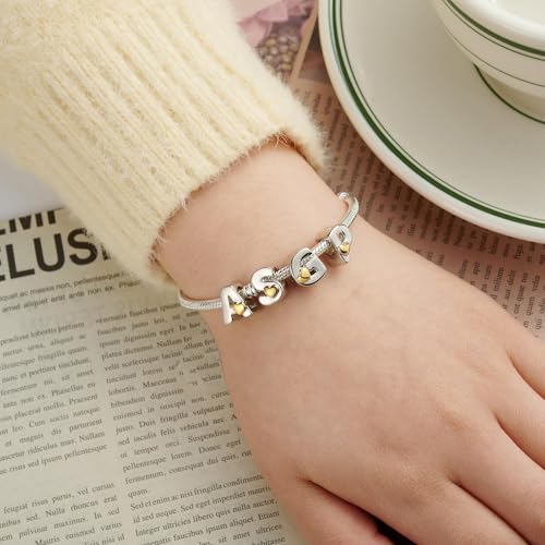 Two-Tone Gold Heart S925 Silver Letter Charm Fits Pandora Bracelet Necklace | Initial Bead Two-Tone Gold Heart, DIY European Bracelet Accessory, Gift for Ladies Birthday Anniversary Valentine - style: S
