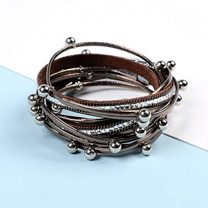 Artilady Leather Wrap Bracelet for Women, Pearl Beaded Bangle Stack Jewelry | Easy on-off, Elegant Handmade Multi-Layered, Daily Casual Date Beach Vacation, Gift for Ladies, Mother, Sister & Friend - style: Brown with Beads