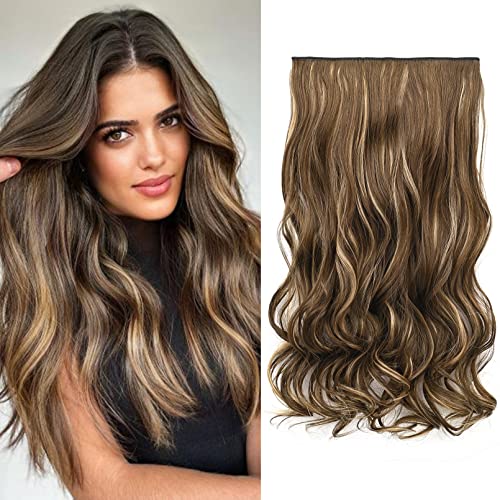 REECHO 20" 1-pack 3/4 Full Head Curly Wave Clips in on Synthetic Hair Extensions HE008 Hair pieces for Women 5 Clips 4.5 Oz Per Piece - Chocolate Brown with Blonde Highlights - color: Chocolate Brown with Blonde Highlights, size: 20 Inch (Pack of 1)