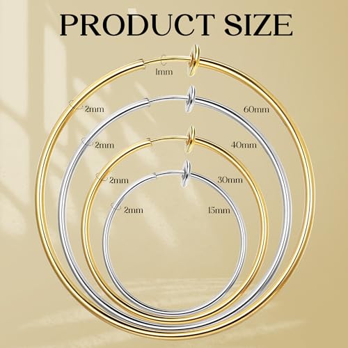 Magitaco 8 Pairs Clip On Hoop Earrings Stainless Steel Clip On Earrings for Women Fake Hoop Earring Spring Hoop Earring For Non-Pierced Ears - color: C:Sliver Tone+Gold Tone