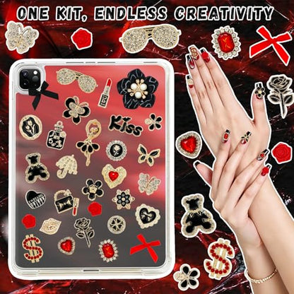 RidaaFri Junk Phone Case Charms Kit, Red Black 3D Large Charms Set | DIY Case Craft Flatback Rhinestone Gems with Bow Flower Heart Rose, Phone Making Supplies Women Aesthetic Personalization - color: Black/Red