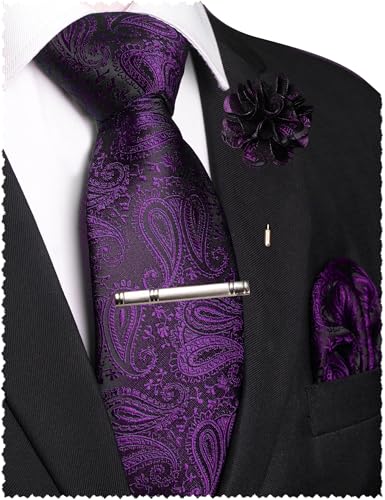 JEMYGINS Mens Paisley Tie and Lapel Pin Necktie Pocket Square and Tie Clip with Sets for Business Casual 4PCS - color: Purple/Black