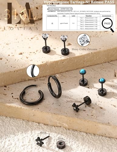 LOLIAS 21 Paris Stainless Surgical Steel Flat Back Earrings Hypoallergenic | 20G Cartilage Earring Stacks,Screw Back Nap Flatback Stud Earrings for Sensitive Ears Women,Earring Set,Pack Piercing Jewelry - color: Black-plated
