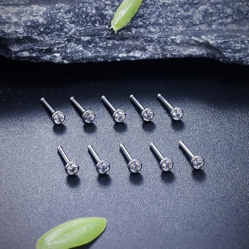 ASTM F136 Titanium Nose Rings 18G 20G 22G Jeweled Clear Cubic Zirconia Nose Studs Ring Screw L-Shaped Bone Hypoallergenic Body Piercing Jewelry for Women 1.5mm 2mm 2.5mm 3mm 10PCS - style: Bone:20G(0.8mm)-2.5mm CZ