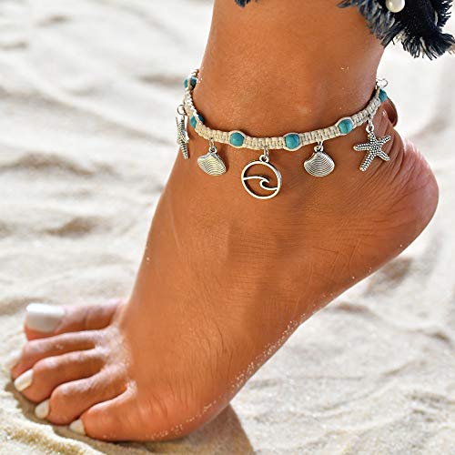 Softones Blue Starfish Turtle Anklet Multilayer Charm Beads Sea Handmade Boho Anklet Foot Jewelry for Women - style: L:Shell Wave Starfish
