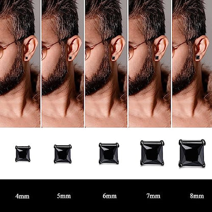 ORAZIO Black Silver Earrings for Men,Stainless Steel Cubic Zirconia Earrings 20G Mens Earrings Hypoallergenic CZ Earrings Studs Trendy Square Earring Studs Set 4-8MM - style: 2 Pairs,Cubic Zirconia Diameter:8mm
