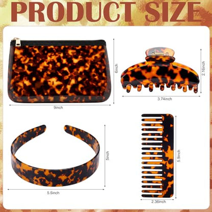 Thiccywoov 4 Pcs Tortoise Shell Makeup Bag with Hair Accessories Set for Women, Travel Cosmetic Pouch, Wide Headband, Large Claw Clip, Wide Tooth Comb, Retro Hair Styling Gift Set