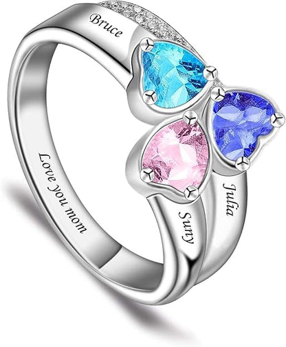 Custom Multi-Stone Family Ring 925 Sterling Silver/10K/14K/18K Gold Colored Personalized (2-8 stones) Birthstone Engraved Ring for Women Mom Wife Jewelry Gifts - style: Three Stone