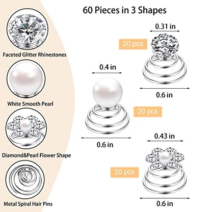 60 PCS 3 Shapes Gems Rhinestone Twister Hair Studs Set Diamond Spiral Pearl Flower Jewels Hair Pins Sticks for Wedding, Bridal, Prom, Party and Special Occasion (Diamond&Pearl&Flower) - color: Diamond&Pearl&Flower