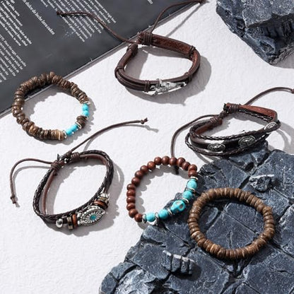 Mens Beaded Bracelets Tribal Wooden Elastic Adjustable Prayer Beads Wrap Cuff for Women - color: R: 5pcs