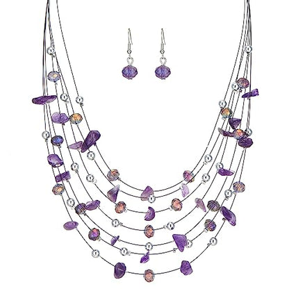 Multi-Layer Boho Shell Beaded Necklace for Women Colorful Crystal Strand with Silver Beads Statement Collars Necklace and Earrings Costumes Jewelry Sets for Women - color: 48-Purple