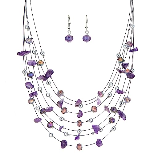 Multi-Layer Boho Shell Beaded Necklace for Women Colorful Crystal Strand with Silver Beads Statement Collars Necklace and Earrings Costumes Jewelry Sets for Women - color: 48-Purple