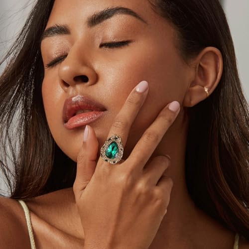 HZMAN Natural Stone Statement Ring for Women, Crystal Paved Bold Cocktail Ring, Adjustable Gold Tone Fashion Jewelry - color: Teardrop Emerald Cut Green