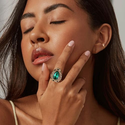 HZMAN Natural Stone Statement Ring for Women, Crystal Paved Bold Cocktail Ring, Adjustable Gold Tone Fashion Jewelry - color: Teardrop Emerald Cut Green