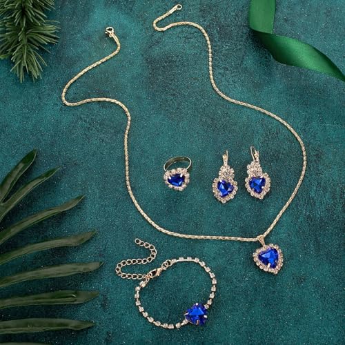 4 Pcs Heart Jewelry Set for Women fashion Cubic Zirconia Pendant Necklace Bracelet Earrings Dainty Open Ring Charm Prom Party, Birthday Valentines Mothers Day Christmas Jewelry Gift - style: Royal Blue
