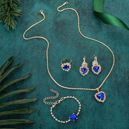4 Pcs Heart Jewelry Set for Women fashion Cubic Zirconia Pendant Necklace Bracelet Earrings Dainty Open Ring Charm Prom Party, Birthday Valentines Mothers Day Christmas Jewelry Gift - style: Royal Blue