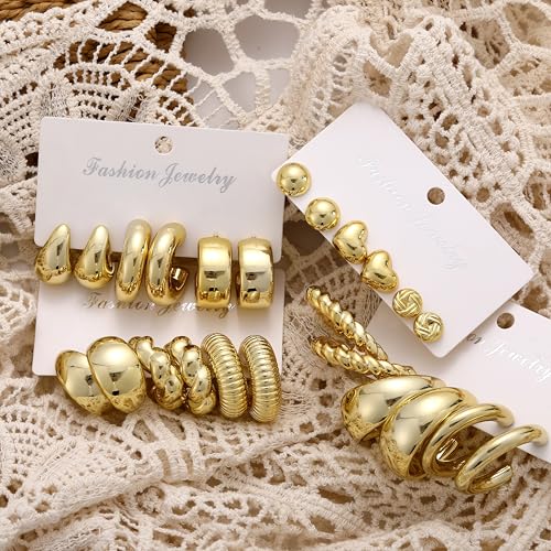 12 Pairs Chunky Gold Hoop Earrings for Women Trendy, Gold Plated Lightweight Hypoallergenic Stack, Thick Open Twisted Huggie Hoops Earring Set - color: 12 Pairs Gold Chunky