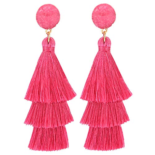 Bohemian Tiered Tassel Earrings with Druzy Stud for Women | Long Layered Fringe Drop Earrings, Statement Jewelry for Party Beach Festival - color: Hot Pink
