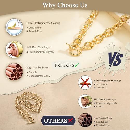 Freekiss 3-Piece Layered Toggle Necklace for Women | Gold/Silver necklace set with herringbone, rope, and paperclip chains plus a toggle clasp for layering, parties, and gifts - color: Toggle Style1 Gold